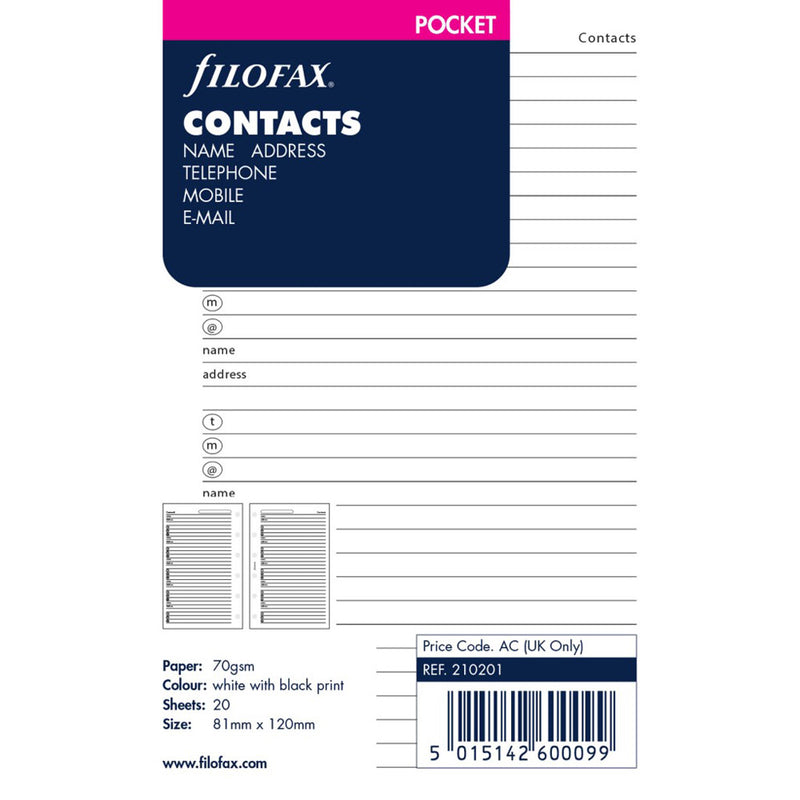 Filofax Pocket Contacts Refill (White)