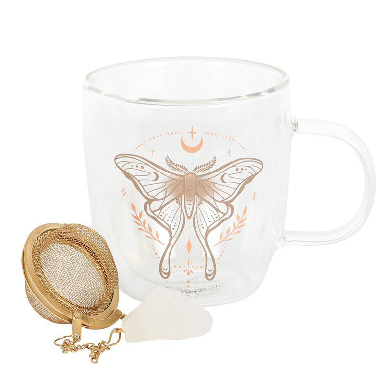 Luna Moth Double Walled Glass Mug and Crystal Tea Infuser