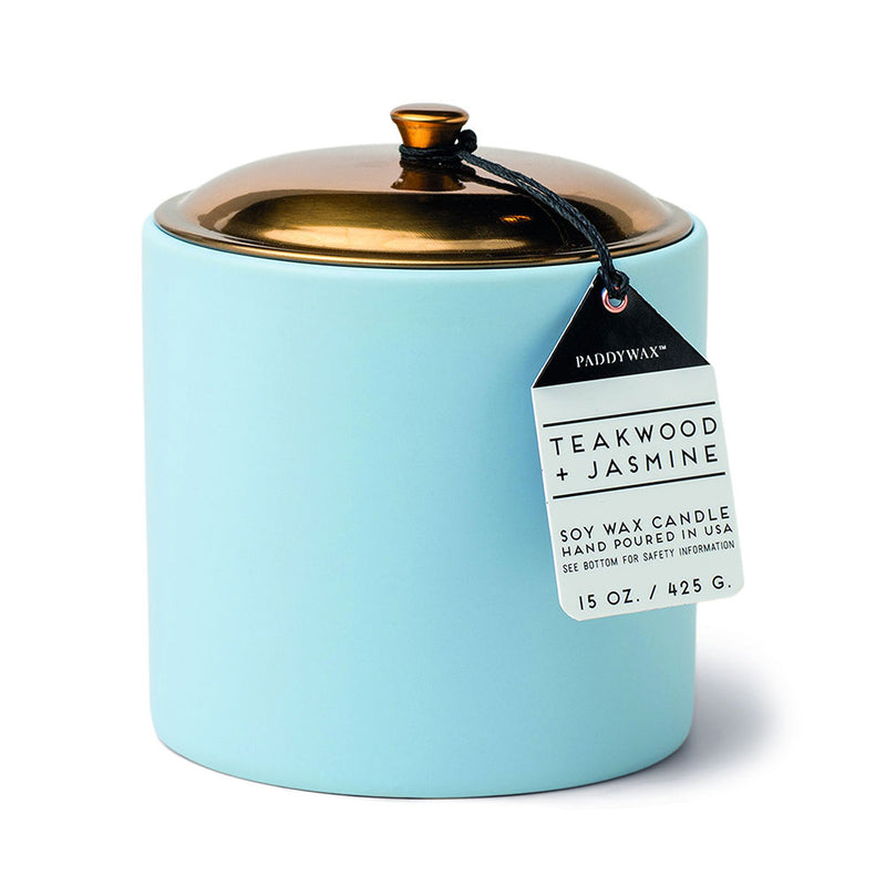 Hygge jasmine & teakwood candle in ceramic isy blått