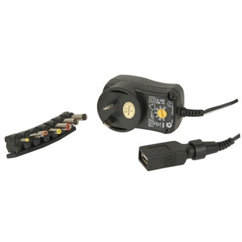 Mains Power Adaptor with 7 Plugs and USB (3-12VDC)