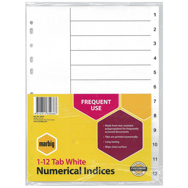 Marbig numeriska index och avdelare A4 (vit)