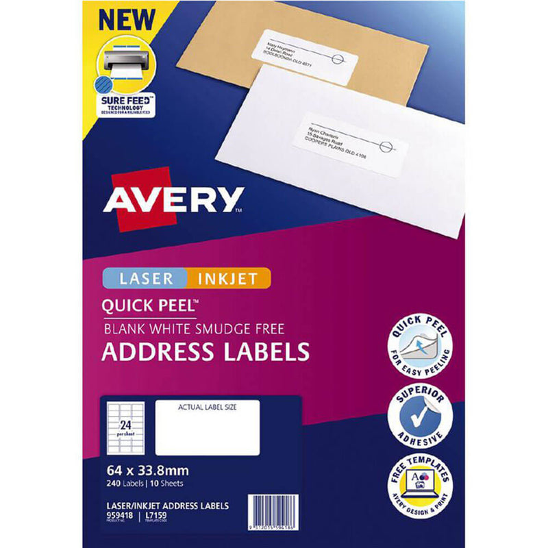 Avery Laser Inkjet Quick Peel -osoitteen etiketit